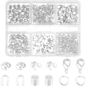 Beebeecraft 370Pcs Crimp Beads Kit 925 Sterling Silver Plated Wire Guardian Bead Tips Knot Covers Tube Beads Lobster Clasp Jump Rings for Jewelry Making Bracelet Necklace DIY Crafts in Kuwait