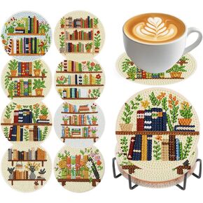 croshom Books Diamond Art Coasters Kits, 8 Pieces Books Diamond Painting Coasters with Holder, Books Coaster Diamonds Art Painting Kits for Adults, 5D DIY Wooden Coaster for Gift in Saudi Arabia