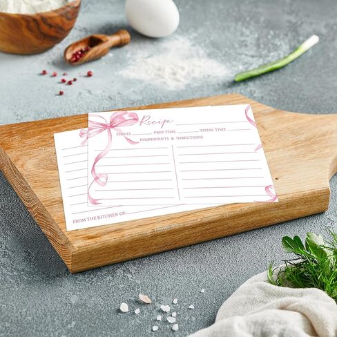 JarThenaAMCS 50 قطعة من بطاقات وصفة القوس الوردي ذات الألوان المائية Coquette Bow على الوجهين صفحة وصفة فارغة لمستلزمات الزفاف في أعياد الميلاد، 4 × 6 بوصة in Kuwait