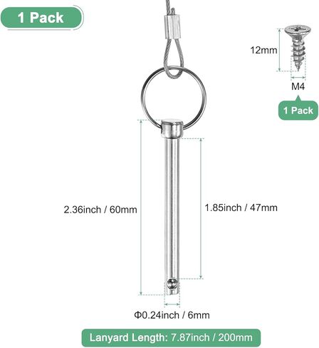 دبابيس M METERXITY سريعة التحرير، قطر 1/4 بوصة (6 مم)، 1.06 بوصة (47 مم) طول الاستخدام دبوس علوي بيميني مع حبل ومسامير لبناء السفن/البحرية/المقطورة، 2.36 بوصة (60 مم) دبابيس أجهزة طويلة in Kuwait