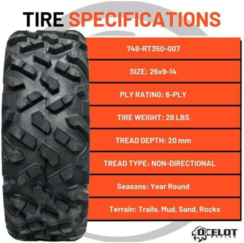 إطار Ocelot RT350 Atlas ATV/UTV لجميع التضاريس، 6 طبقات - إطار للطرق الوعرة لجميع التضاريس، مقاس 26x9-14، يناسب 26x9x14 لتحقيق أقصى قدر من الجر والمتانة in Kuwait