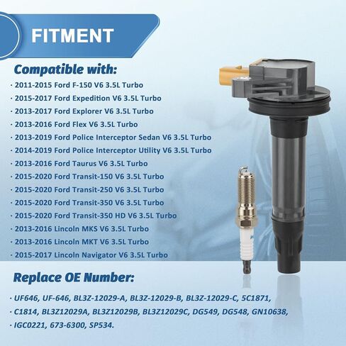 6pcs UF646 Ignition Coil Packs and Spark Plugs Compatible with Ecoboost 2011-2020 Ford F-150 Expedition Explorer Flex Taurus Transit, Lincoln MKS MKT Navigator, 3.5L V6, Replaces DG549 in Kuwait