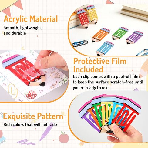 AnyDesign 6Pcs Back to School Paperclip Bookmark with Cards Kit Page Markers Colorful Pencil Shaped Acrylic Paper Clip for First Day of School Office Supplies Teacher Appreciation Gifts in Kuwait