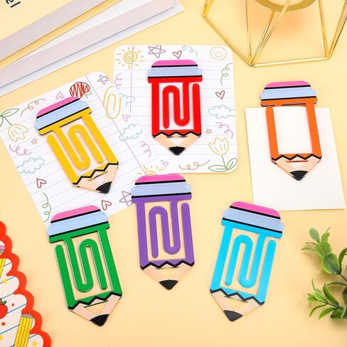 AnyDesign 6Pcs Back to School Paperclip Bookmark with Cards Kit Page Markers Colorful Pencil Shaped Acrylic Paper Clip for First Day of School Office Supplies Teacher Appreciation Gifts in Kuwait