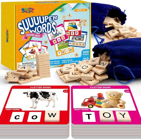 Word Spelling Game, 312 Wooden Letters Tiles & 300 Common Words for - CVC, CVCC, CCVC, Sight Word & First Word Learning, Montessori Early Educational Tool for Kids 4-9, Autistic Toys for Grades 1-3 in Kuwait