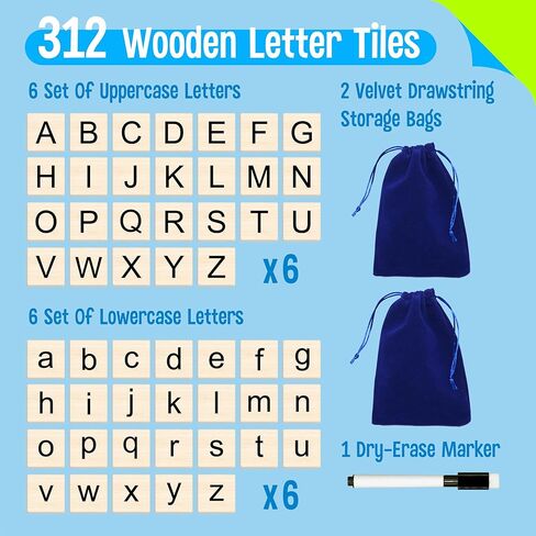Word Spelling Game, 312 Wooden Letters Tiles & 300 Common Words for - CVC, CVCC, CCVC, Sight Word & First Word Learning, Montessori Early Educational Tool for Kids 4-9, Autistic Toys for Grades 1-3 in Kuwait