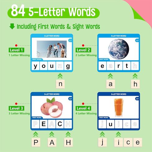 Word Spelling Game, 312 Wooden Letters Tiles & 300 Common Words for - CVC, CVCC, CCVC, Sight Word & First Word Learning, Montessori Early Educational Tool for Kids 4-9, Autistic Toys for Grades 1-3 in Kuwait