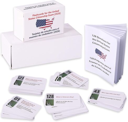 2026 US Citizenship Flash Cards, Bilingual English & Spanish 128 Civics Questions & Answers Tarjetas de Ciudadania 2026 Inglés y Español Study Guide for Naturalization Test in Kuwait