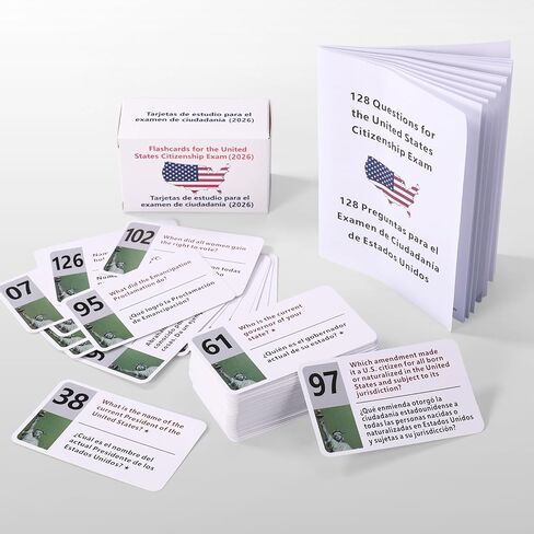 2026 US Citizenship Flash Cards, Bilingual English & Spanish 128 Civics Questions & Answers Tarjetas de Ciudadania 2026 Inglés y Español Study Guide for Naturalization Test in Kuwait