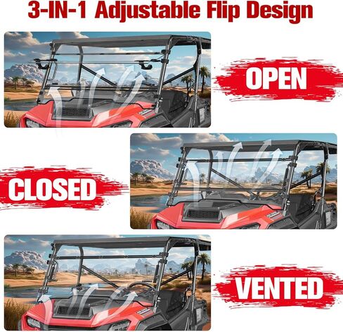 زجاج أمامي قابل للطي 3 في 1 لسيارة Honda Pioneer 1000-3 1000-5 1000-6 2016-2025، زجاج أمامي شفاف مطلي بالبوليستر 1/5 بوصة، يمكن إغلاقه أو تهويته أو فتحه بالكامل in Kuwait