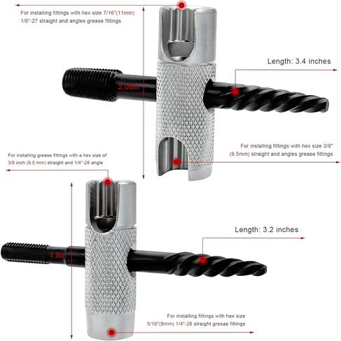 2PCS Grease Fitting Tool, 4 Way Grease Zerk Removal Installation Rethreading Tool, Grease Fitting Multi-Tool Fits 1/4"-28 SAE, 1/8"-NPT, M10x1, M8x1, Hex Sizes 3/8" 5/16" 7/16" in Kuwait