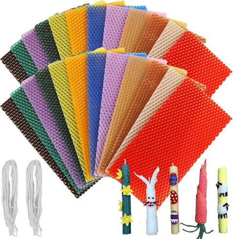 LDHHYH 4x8 Inch Beeswax Sheets for Candle Making, 24 PCS Beeswax Candle Making Kit for Adults, 12 Bright Colors Beeswax Honeycomb Sheet with Cotton Wick for DIY Crafts Candle Making Rolling Kits in Kuwait