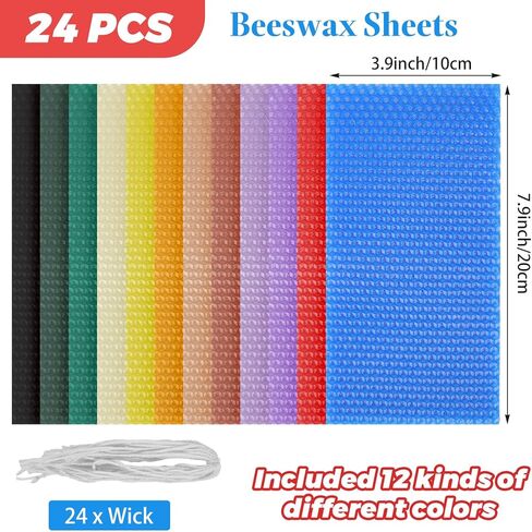 LDHHYH 4x8 Inch Beeswax Sheets for Candle Making, 24 PCS Beeswax Candle Making Kit for Adults, 12 Bright Colors Beeswax Honeycomb Sheet with Cotton Wick for DIY Crafts Candle Making Rolling Kits in Kuwait