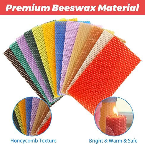 LDHHYH 4x8 Inch Beeswax Sheets for Candle Making, 24 PCS Beeswax Candle Making Kit for Adults, 12 Bright Colors Beeswax Honeycomb Sheet with Cotton Wick for DIY Crafts Candle Making Rolling Kits in Kuwait