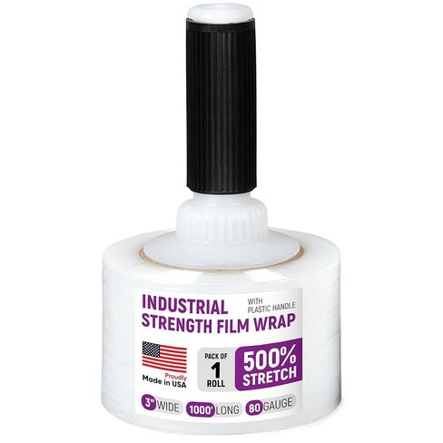3" x 1000' Industrial Strength Stretch Wrap, Ready to Use Pack of 1 Mini Roll with Handle, Clear Plastic Film, 80 Gauge Thick, 500% Elongation – Heavy-Duty Shrink Wrap for Moving, Packing in Kuwait