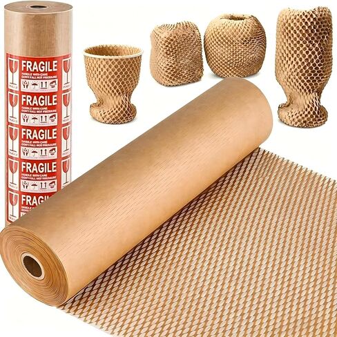 Honeycomb Packing Paper 12" x 230' (70m) with Fragile Stickers, Plastic-Free Recyclable Kraft Cushioning Wrap, Bubble Wrap Alternative for Shipping Moving and Fragile Item Packaging in Saudi Arabia