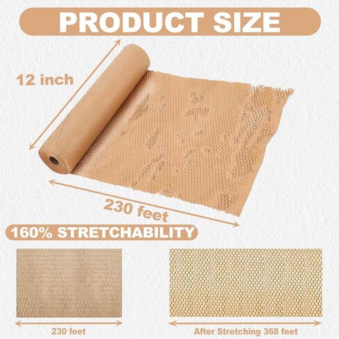 Honeycomb Packing Paper 12" x 230' (70m) with Fragile Stickers, Plastic-Free Recyclable Kraft Cushioning Wrap, Bubble Wrap Alternative for Shipping Moving and Fragile Item Packaging in Saudi Arabia