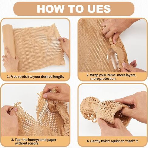 Honeycomb Packing Paper 12" x 230' (70m) with Fragile Stickers, Plastic-Free Recyclable Kraft Cushioning Wrap, Bubble Wrap Alternative for Shipping Moving and Fragile Item Packaging in Saudi Arabia