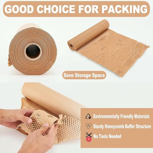 Honeycomb Packing Paper 12" x 230' (70m) with Fragile Stickers, Plastic-Free Recyclable Kraft Cushioning Wrap, Bubble Wrap Alternative for Shipping Moving and Fragile Item Packaging in Saudi Arabia