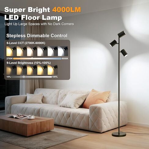 4000LM LED Tree Floor Lamp, 36W Super Bright Reading Lamp with Remote, Dimmable Tall Standing Light with 3 Rotatable Heads & 6 Color Temperatures, Modern Floor Lamps for Living Room Bedroom Office in Kuwait