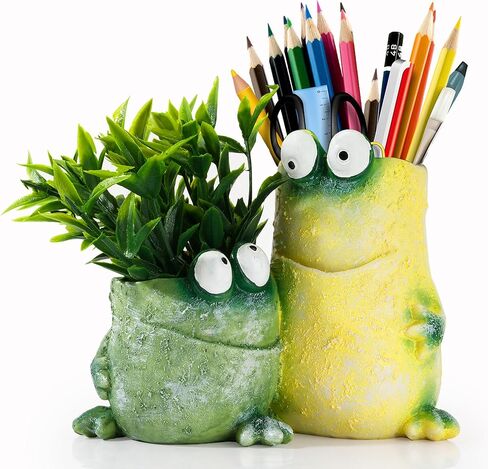 Frog Pen Holder for Desk, Cute 2-in-1 Resin Flower Pot & Pencil Cup, Holds 10 Pens, Vintage Stacked Frog Figurine with Removable Artificial Grass, Functional Desk Organizer for Office Home Decor, in Saudi Arabia