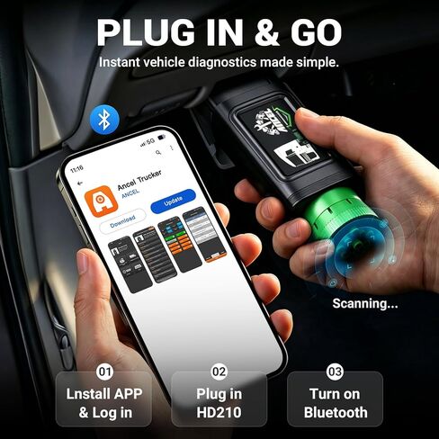 ANCEL HD210 Heavy Duty Truck Scanner, Speed Limit and Idle Adjust for Volvo & International Maxxforce Engines, Diesel Truck Scanner, All-System HDOBD/OBD2 Scan Tool, Bluetooth Lifetime Updates in Kuwait