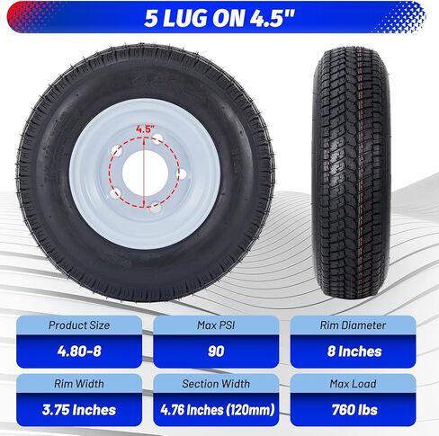 Garvee 2 Pack 4.80-8 4.80x8 480-8 إطارات مقطورة مع حواف 8 بوصة، 5 عروة على 4.5 بوصة، تجويف مركزي 2.85 بوصة، إطار مقطورة متعدد الوظائف، إطار مقطورة ومجموعة حافة in Kuwait