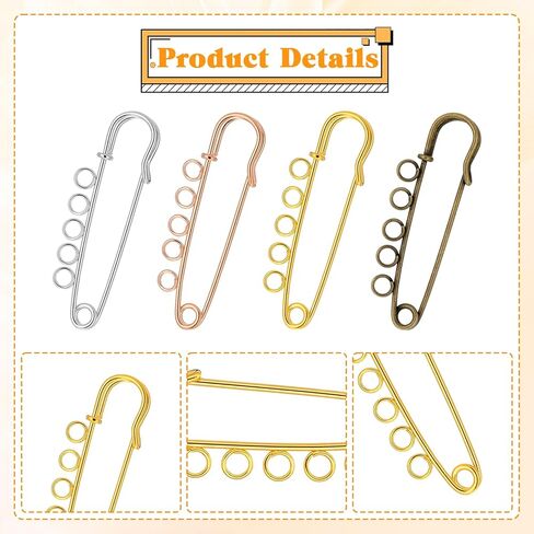 24 Pcs Large Safety Pins, Safety Pin Brooch Kilt Pins Heavy Duty Metal Blanket Pin with 5 Holes for Brooch Making DIY Jewelry Crafts Sweater Scarf Clothes Decoration Accessories (4 Colors) in Kuwait