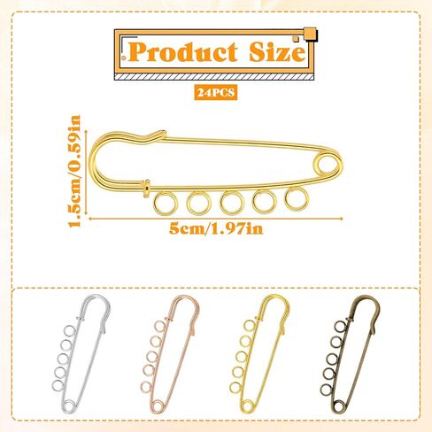 24 Pcs Large Safety Pins, Safety Pin Brooch Kilt Pins Heavy Duty Metal Blanket Pin with 5 Holes for Brooch Making DIY Jewelry Crafts Sweater Scarf Clothes Decoration Accessories (4 Colors) in Kuwait