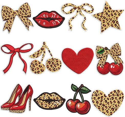Knitgrip 12 Pcs Cheetah Cherry Lips Iron on Embroidered Patches Bow Heart Star High Heel Embroidered Patches 12 Styles Birthday Party Decorations for DIY Craft on Backpacks Jeans Clothes Woman Gifts in Kuwait