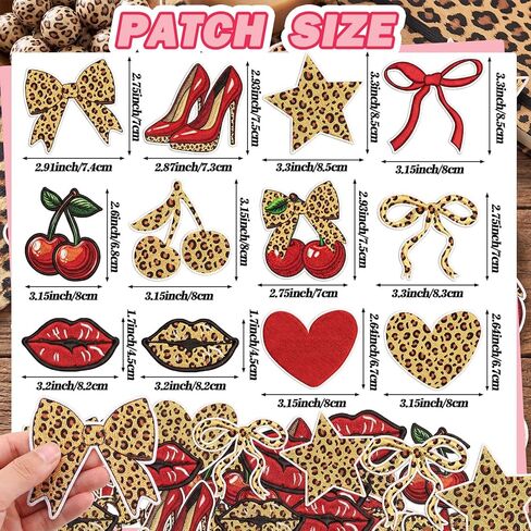 Knitgrip 12 Pcs Cheetah Cherry Lips Iron on Embroidered Patches Bow Heart Star High Heel Embroidered Patches 12 Styles Birthday Party Decorations for DIY Craft on Backpacks Jeans Clothes Woman Gifts in Kuwait