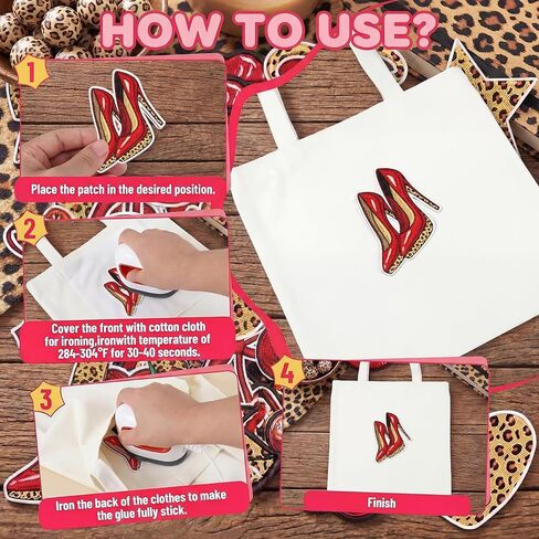 Knitgrip 12 Pcs Cheetah Cherry Lips Iron on Embroidered Patches Bow Heart Star High Heel Embroidered Patches 12 Styles Birthday Party Decorations for DIY Craft on Backpacks Jeans Clothes Woman Gifts in Kuwait