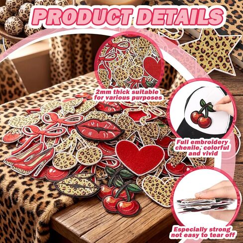 Knitgrip 12 Pcs Cheetah Cherry Lips Iron on Embroidered Patches Bow Heart Star High Heel Embroidered Patches 12 Styles Birthday Party Decorations for DIY Craft on Backpacks Jeans Clothes Woman Gifts in Kuwait