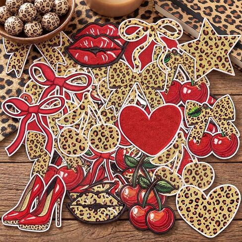 Knitgrip 12 Pcs Cheetah Cherry Lips Iron on Embroidered Patches Bow Heart Star High Heel Embroidered Patches 12 Styles Birthday Party Decorations for DIY Craft on Backpacks Jeans Clothes Woman Gifts in Kuwait