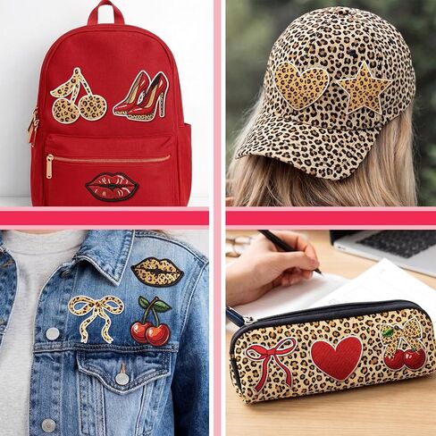 Knitgrip 12 Pcs Cheetah Cherry Lips Iron on Embroidered Patches Bow Heart Star High Heel Embroidered Patches 12 Styles Birthday Party Decorations for DIY Craft on Backpacks Jeans Clothes Woman Gifts in Kuwait