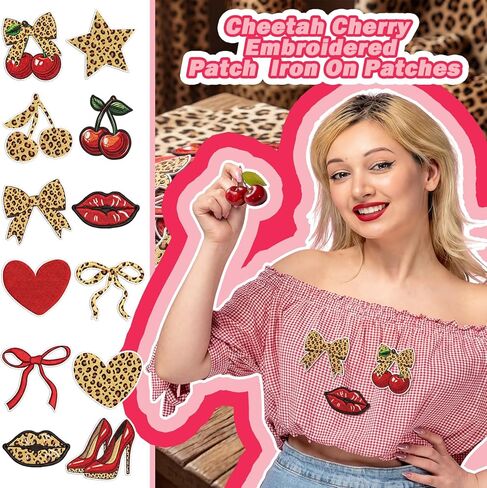 Knitgrip 12 Pcs Cheetah Cherry Lips Iron on Embroidered Patches Bow Heart Star High Heel Embroidered Patches 12 Styles Birthday Party Decorations for DIY Craft on Backpacks Jeans Clothes Woman Gifts in Kuwait