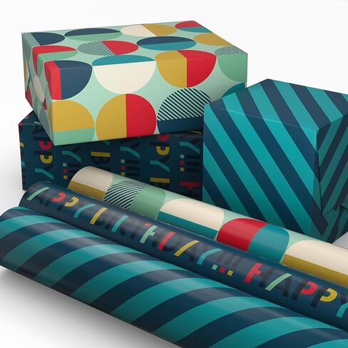 Hallmark Birthday Wrapping Paper Mini Rolls, 3-Pack (Navy Blue and Teal Stripes, Orange and Yellow Mod Circles) for Graduations, Father's Day, Easter, Any Occasion - 60 Sq. Ft. Total in Kuwait