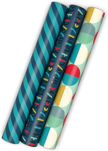 Hallmark Birthday Wrapping Paper Mini Rolls, 3-Pack (Navy Blue and Teal Stripes, Orange and Yellow Mod Circles) for Graduations, Father's Day, Easter, Any Occasion - 60 Sq. Ft. Total in Kuwait