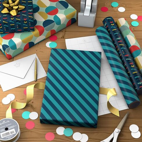 Hallmark Birthday Wrapping Paper Mini Rolls, 3-Pack (Navy Blue and Teal Stripes, Orange and Yellow Mod Circles) for Graduations, Father's Day, Easter, Any Occasion - 60 Sq. Ft. Total in Kuwait