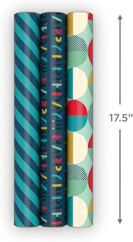 Hallmark Birthday Wrapping Paper Mini Rolls, 3-Pack (Navy Blue and Teal Stripes, Orange and Yellow Mod Circles) for Graduations, Father's Day, Easter, Any Occasion - 60 Sq. Ft. Total in Kuwait