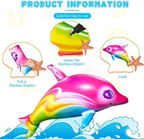 Zhanmai Dolphin Rainbow Inflatable Pool Toy 36 Inch summer Colorful Pink Poolside Aquatic Themed Decor Inflate Pool Beach Birthday Party Decoration(4 Pieces) in Kuwait