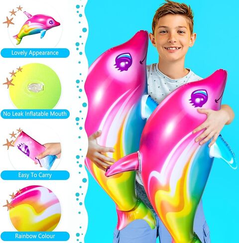 Zhanmai Dolphin Rainbow Inflatable Pool Toy 36 Inch summer Colorful Pink Poolside Aquatic Themed Decor Inflate Pool Beach Birthday Party Decoration(4 Pieces) in Kuwait