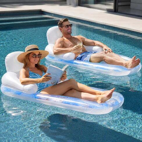 2-Pack Inflatable Pool Float Loungers for Adults, Floating Chairs for Inside Pool with Back Support and Cup Holders (Marble Blue) in Kuwait