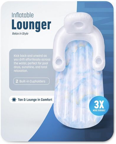 2-Pack Inflatable Pool Float Loungers for Adults, Floating Chairs for Inside Pool with Back Support and Cup Holders (Marble Blue) in Kuwait