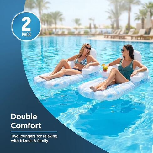 2-Pack Inflatable Pool Float Loungers for Adults, Floating Chairs for Inside Pool with Back Support and Cup Holders (Marble Blue) in Kuwait