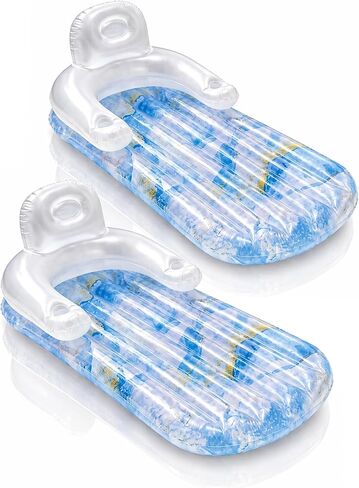 2-Pack Inflatable Pool Float Loungers for Adults, Floating Chairs for Inside Pool with Back Support and Cup Holders (Marble Blue) in Kuwait