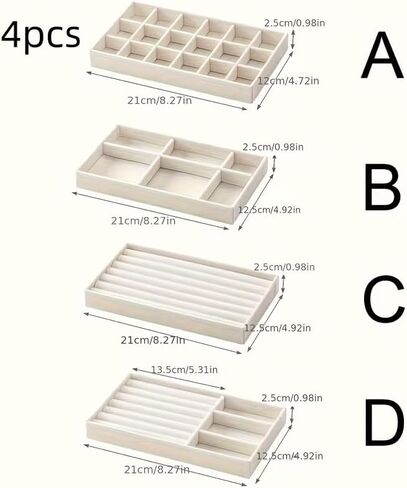 4Pcs Jewelry Organizers,Featuring a Multi-Section Display Board Suitable for Rings,Earrings, Bracelets,Necklaces, Brooches,Watches, Beige in Kuwait