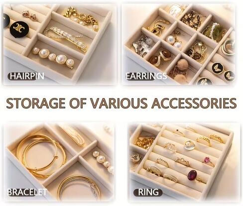 4Pcs Jewelry Organizers,Featuring a Multi-Section Display Board Suitable for Rings,Earrings, Bracelets,Necklaces, Brooches,Watches, Beige in Kuwait