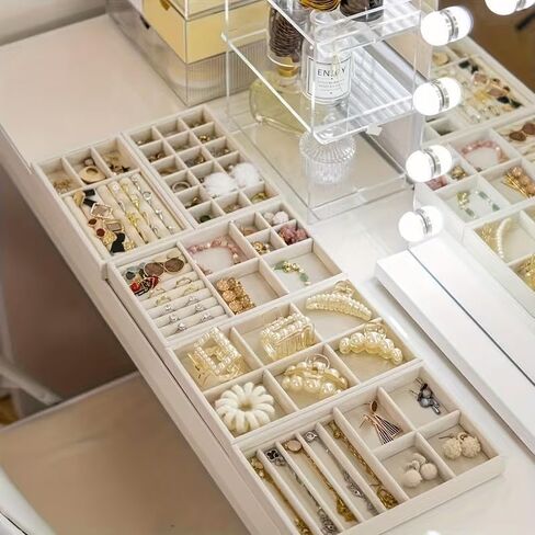 4Pcs Jewelry Organizers,Featuring a Multi-Section Display Board Suitable for Rings,Earrings, Bracelets,Necklaces, Brooches,Watches, Beige in Kuwait