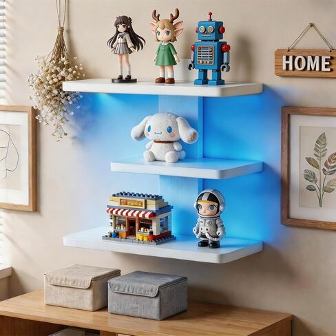 3 Tier Wall Mounted Display Shelf with Lighting Display Case Shadow Box with RGB Lights LED Display Cabinet for Collectibles,Dolls,Blocks,Perfumes,Small Plants,Toys White in Saudi Arabia